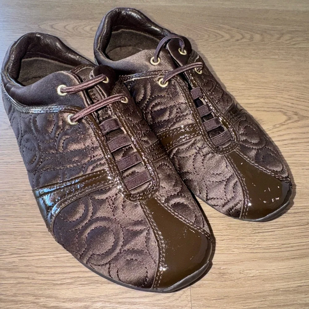 Coach Kellee Brown Quilted Satin And Patent Leather Trim Sneakers Women’s Sz 6.5